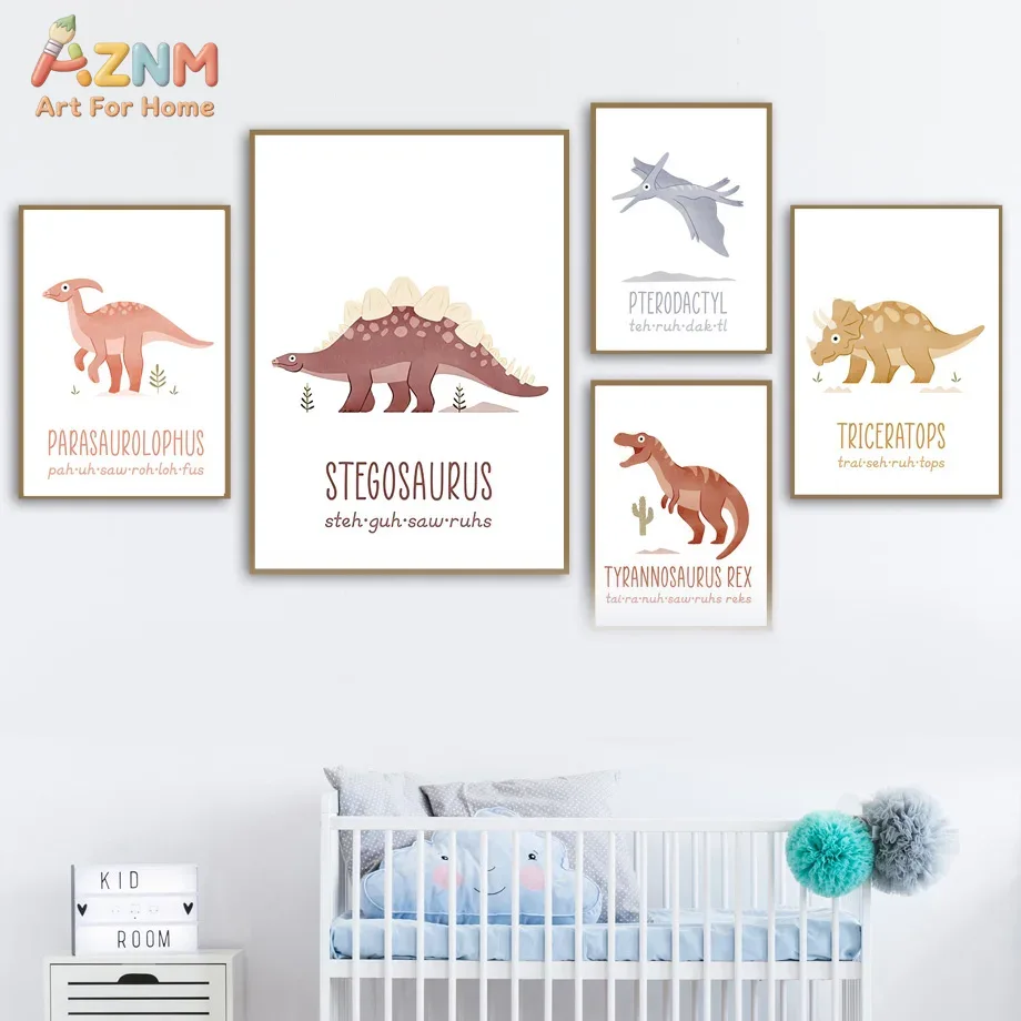Kids Education Nursery - AZNM Leuke aquarel dinosaurus canvas wanddecoratie,