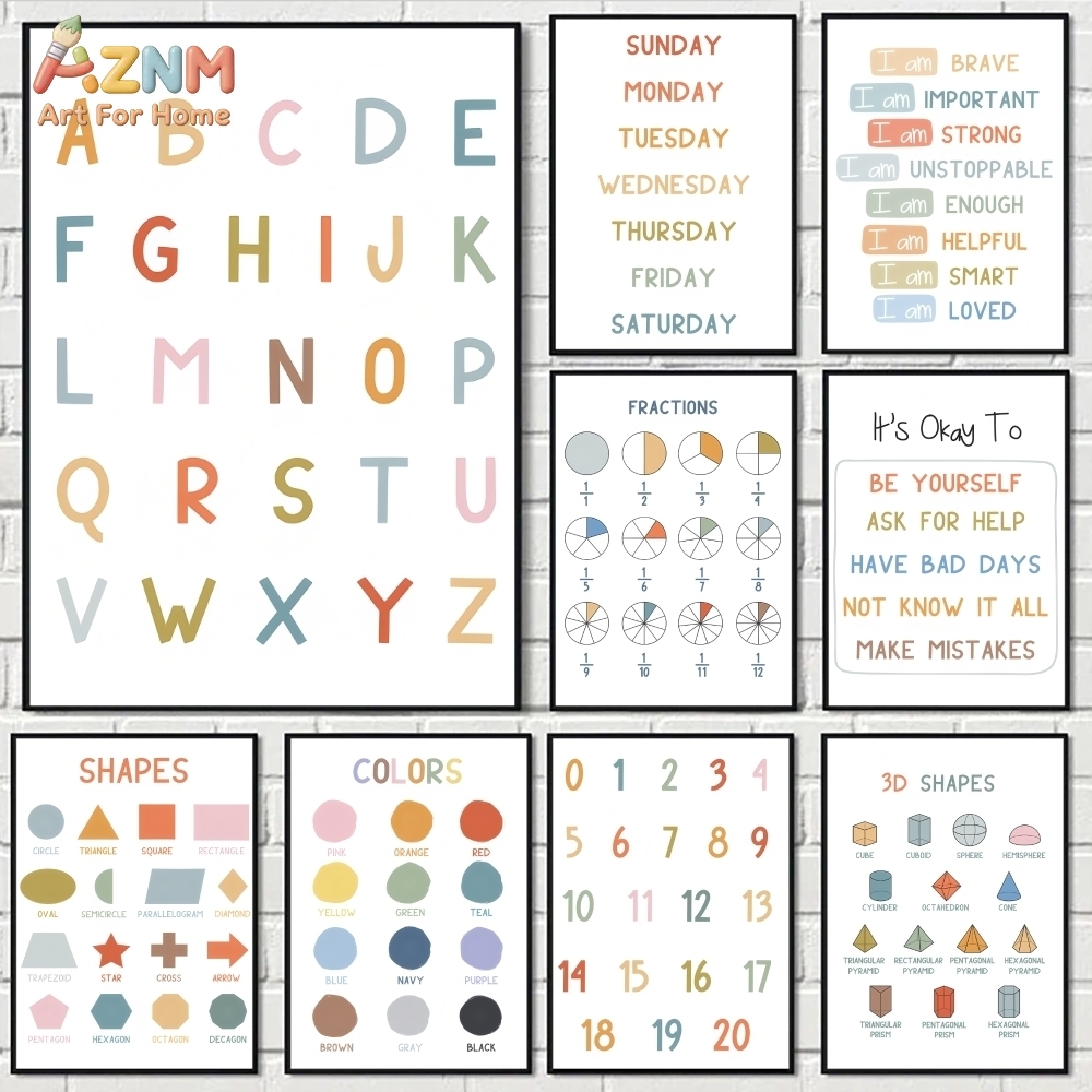 Kids Education Nursery - AZNM Educatief alfabetnummers frameloos canvas wandkunst,
