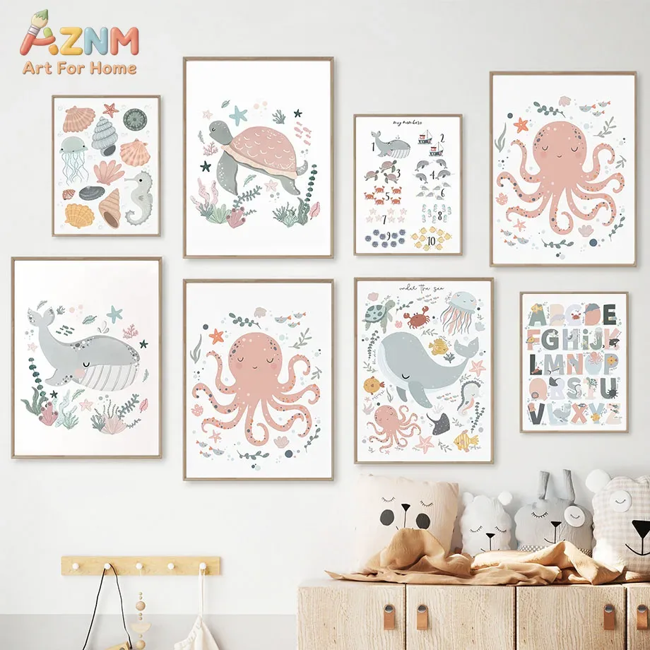 Kids Education Nursery - AZNM Kinderkamer Zeedieren Canvas Wanddecoratie Octopus