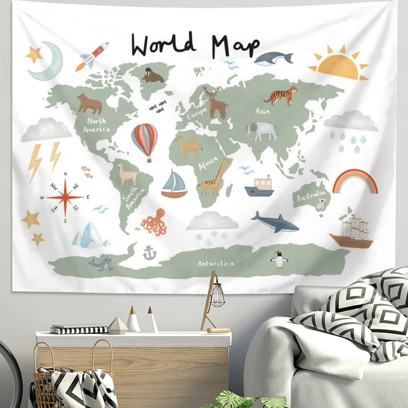 Kids Education Background - Cartoon wereldkaart dierentapijt polyester muurhangende educatieve