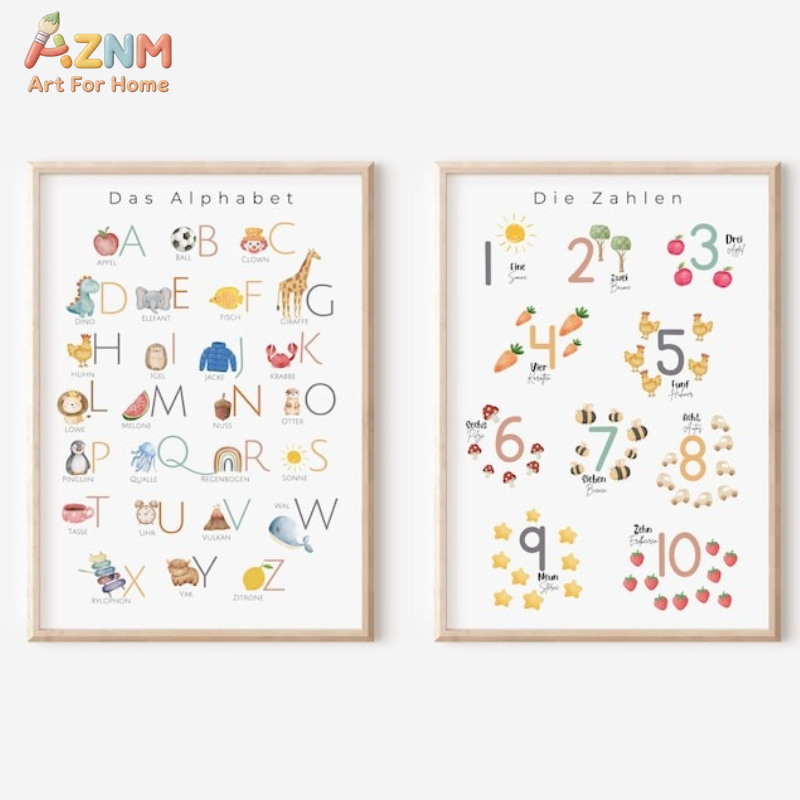 Kids Education Nursery - AZNM Duits alfabet cijfers canvas wandkunst,