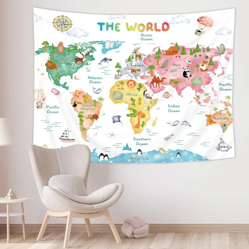 Kids Education Nursery - VIKAMA Kinderwereldkaart-wandtapijt met dieren Educatief wandkleed