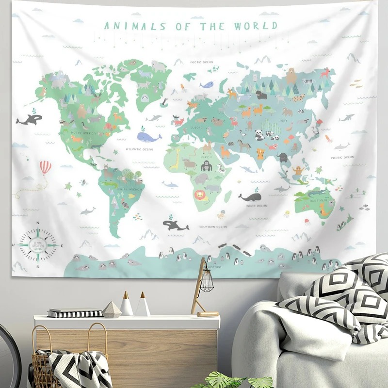 Cartoon wereldkaart dierentapi - Kids Education Background recensie en prijs