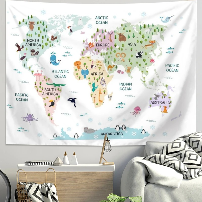 Cartoon wereldkaart dierentapi - Kids Education Background recensie en prijs
