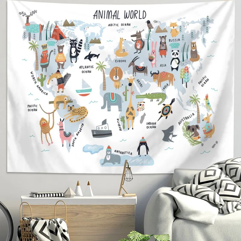 Cartoon wereldkaart dierentapi - Kids Education Background recensie en prijs